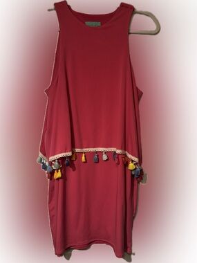 Judith March Sz Large Hot Pink Scoop Neck dress w/ multi-color tassel detail